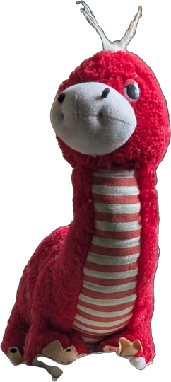 A red plush dinosaur riding a turtle through space. Click it for a dinofact.